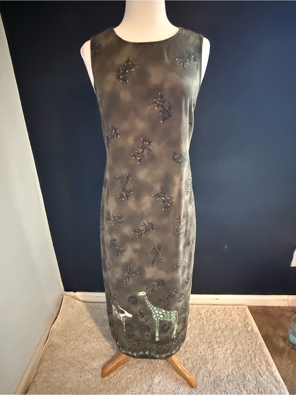 R&K Originals Vintage Olive Green Safari Animal Sleeveless Maxi Dress size 12
